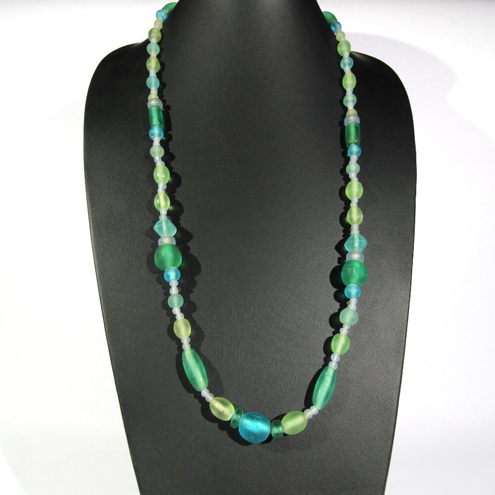 Vintage Museum Fine Arts Gold Tone Clasp Necklace w/ Blue & Green Sea Glass Bead